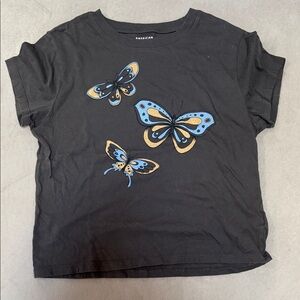 American Eagle Outfitters Black Tee with Blue and Gold Butterflies